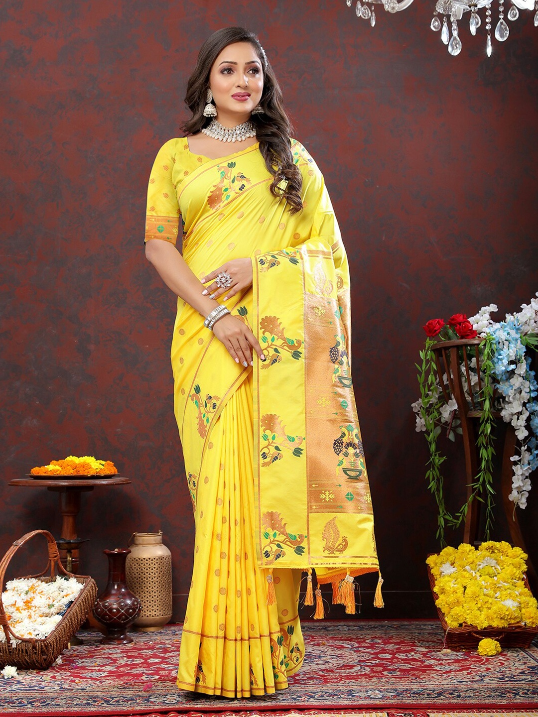 

Mitera Ethnic Motifs Woven Design Zari Paithani Saree, Yellow