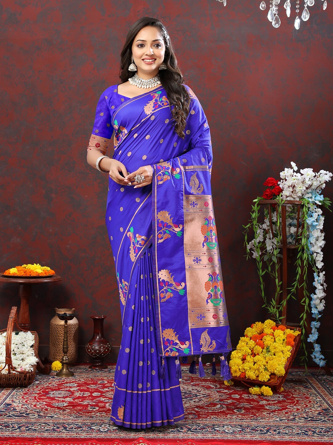 

Mitera Ethnic Motifs Woven Design Zari Paithani Saree, Blue