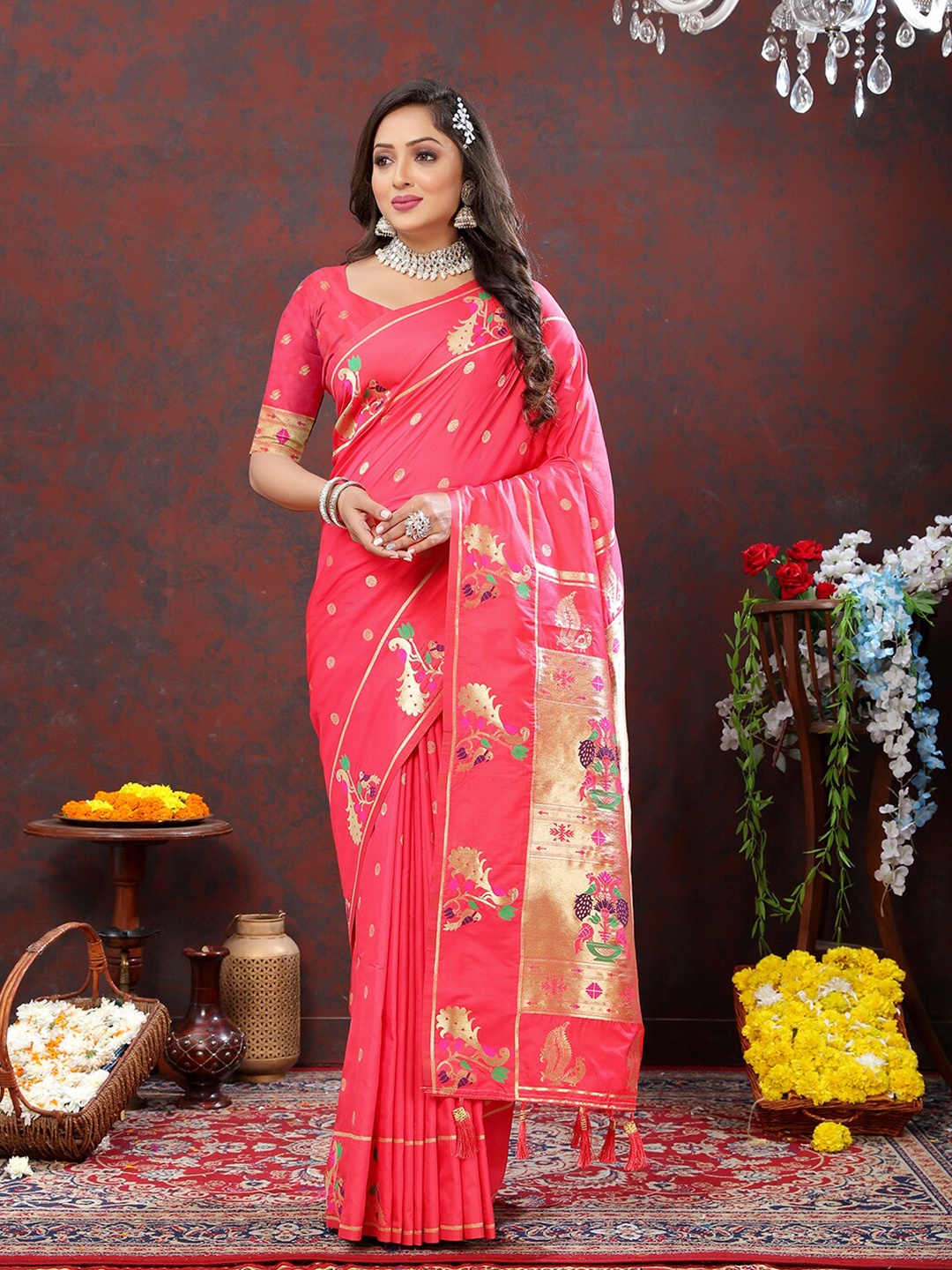 

Mitera Pink Ethnic Motifs Woven Design Zari Paithani Saree