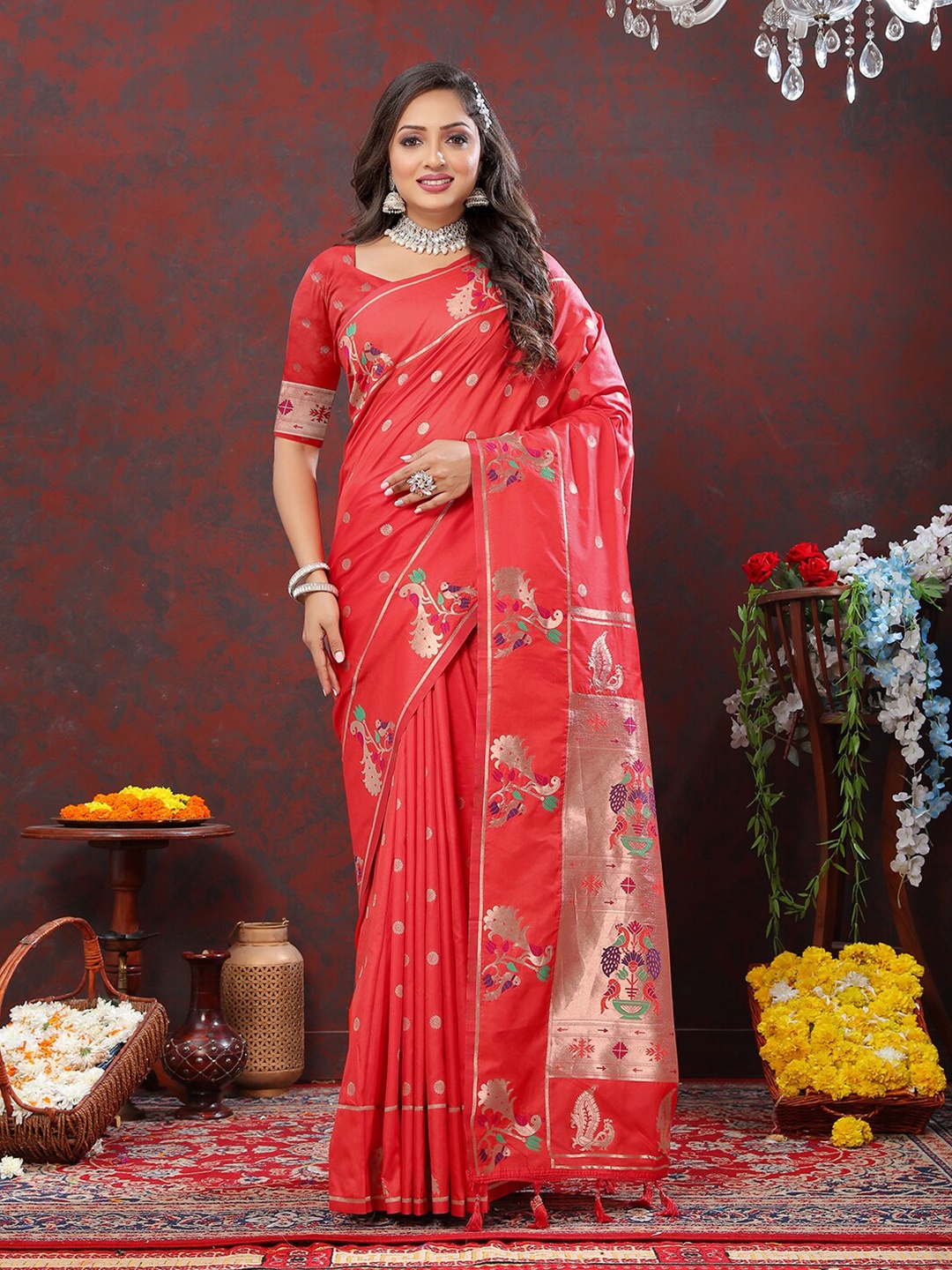 

Mitera Red Ethnic Motifs Woven Design Zari Paithani Saree