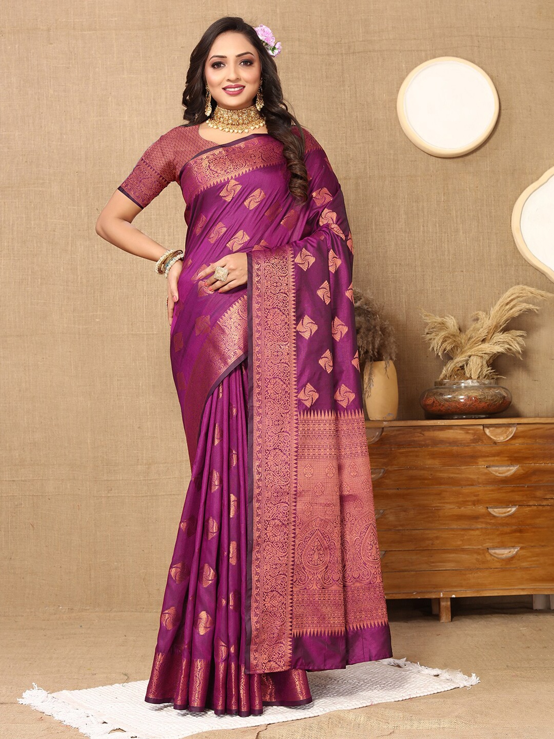 

Mitera Purple Ethnic Motifs Woven Design Zari Banarasi Saree