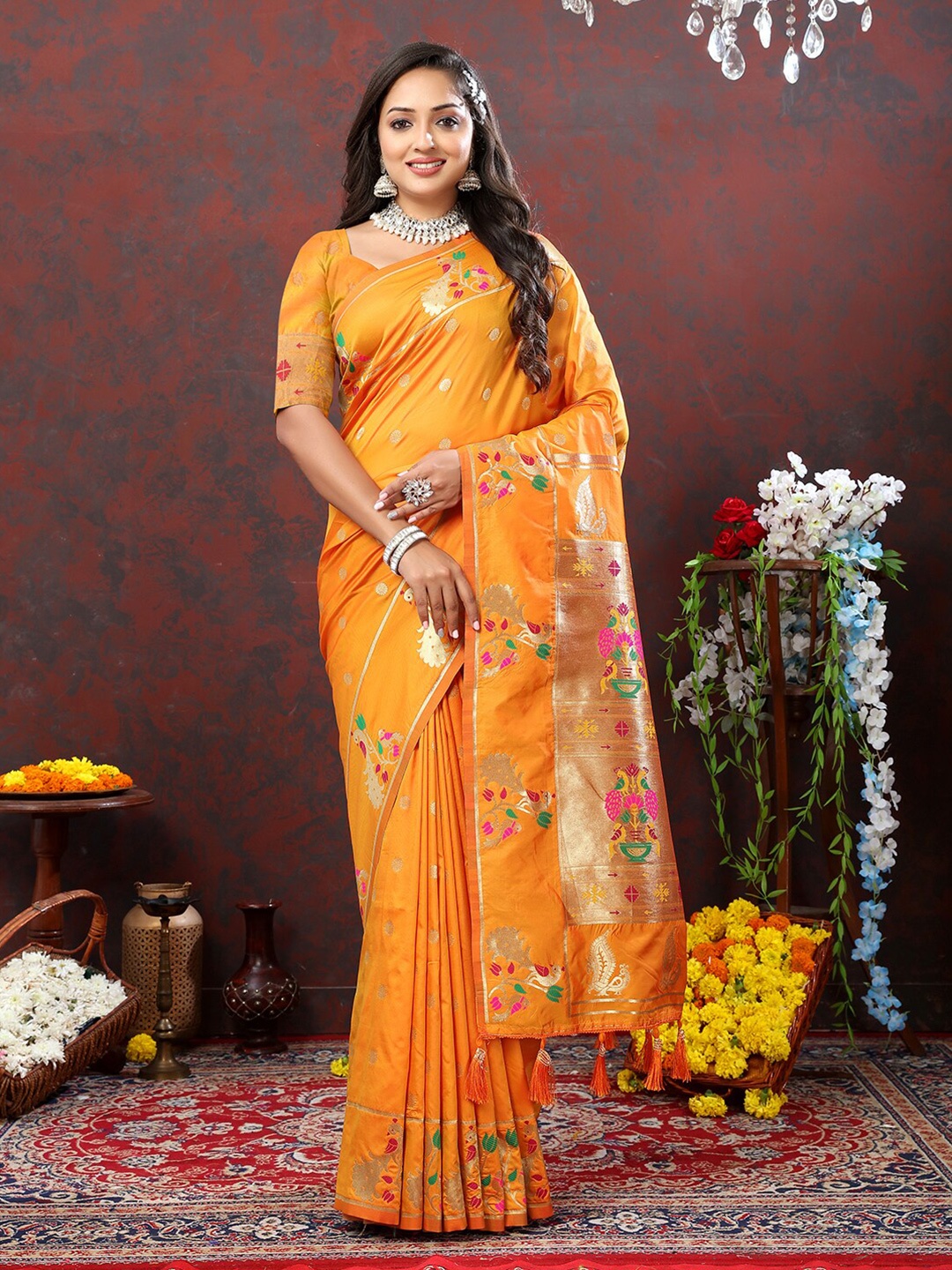 

Mitera Ethnic Motifs Zari Woven Design Paithani Saree with Tassels, Orange