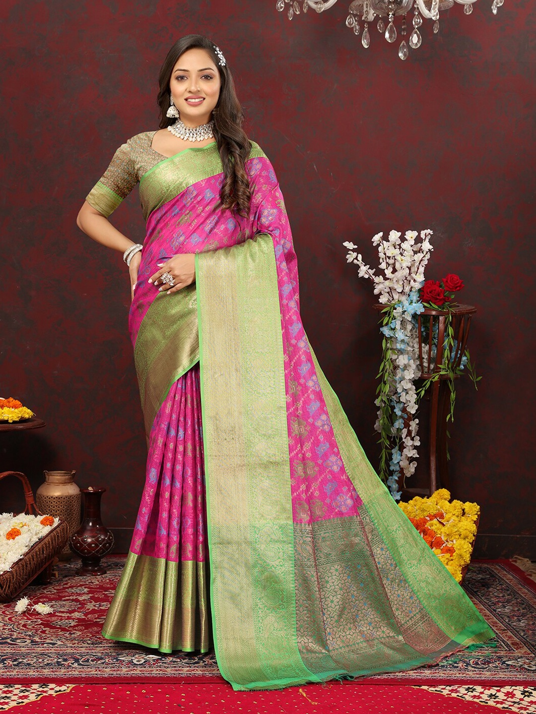 

Mitera Ethnic Motifs Zari Woven Design Banarasi Saree, Pink