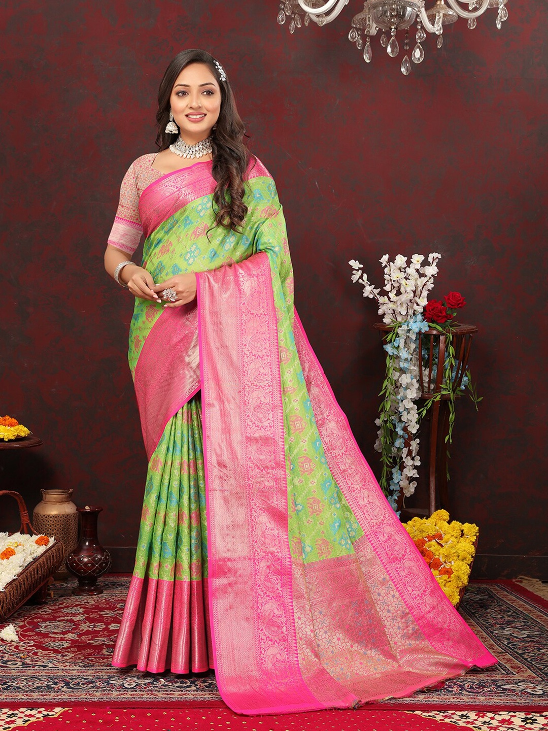 

Mitera Ethnic Motifs Zari Woven Design Banarasi Saree, Sea green