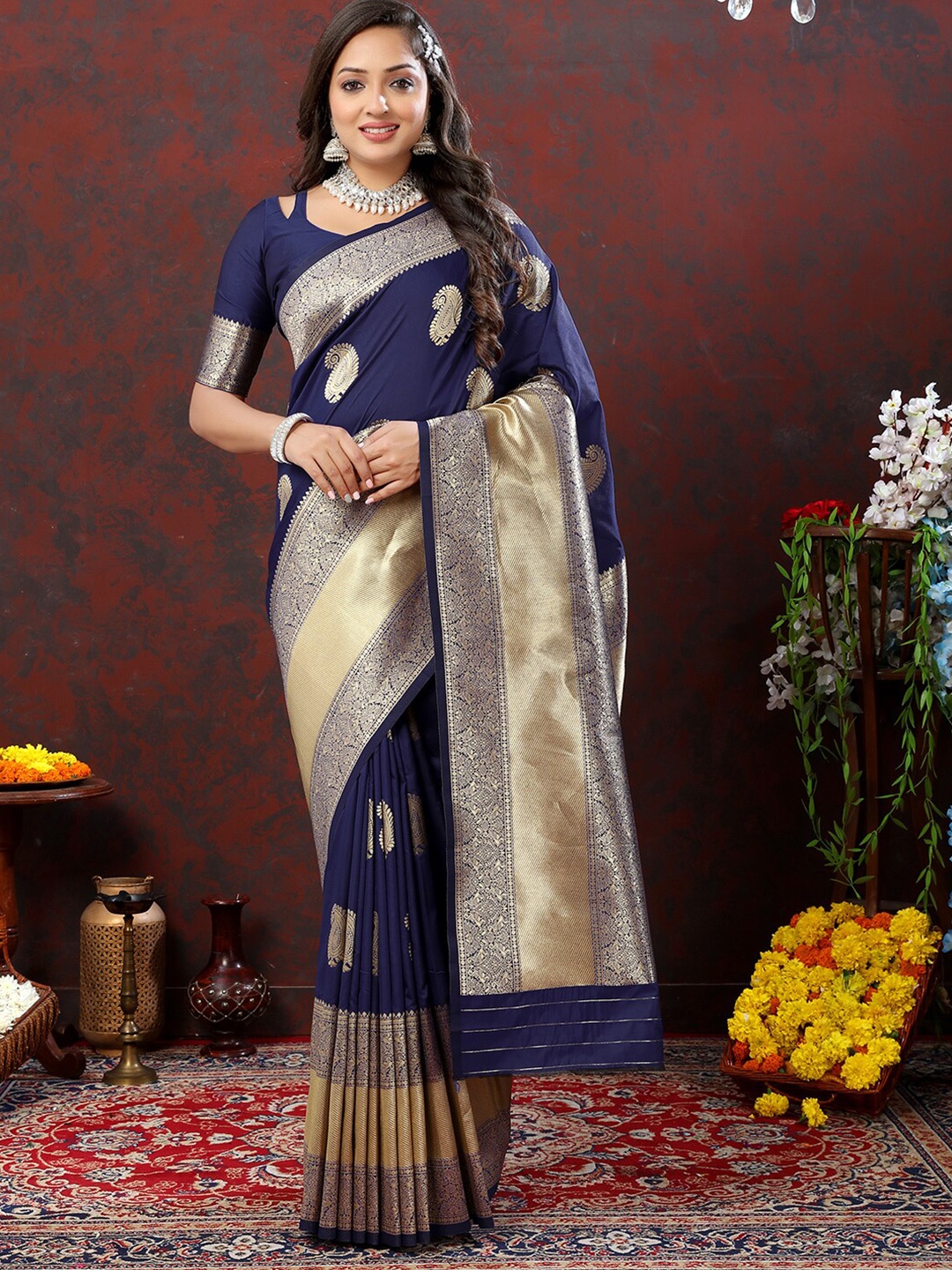 

Mitera Ethnic Motifs Woven Design Zari Banarasi Saree, Navy blue