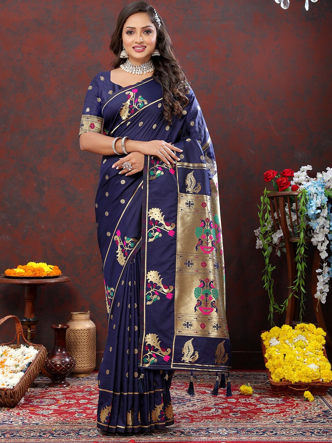 

Mitera Ethnic Motifs Zari Paithani Saree, Navy blue