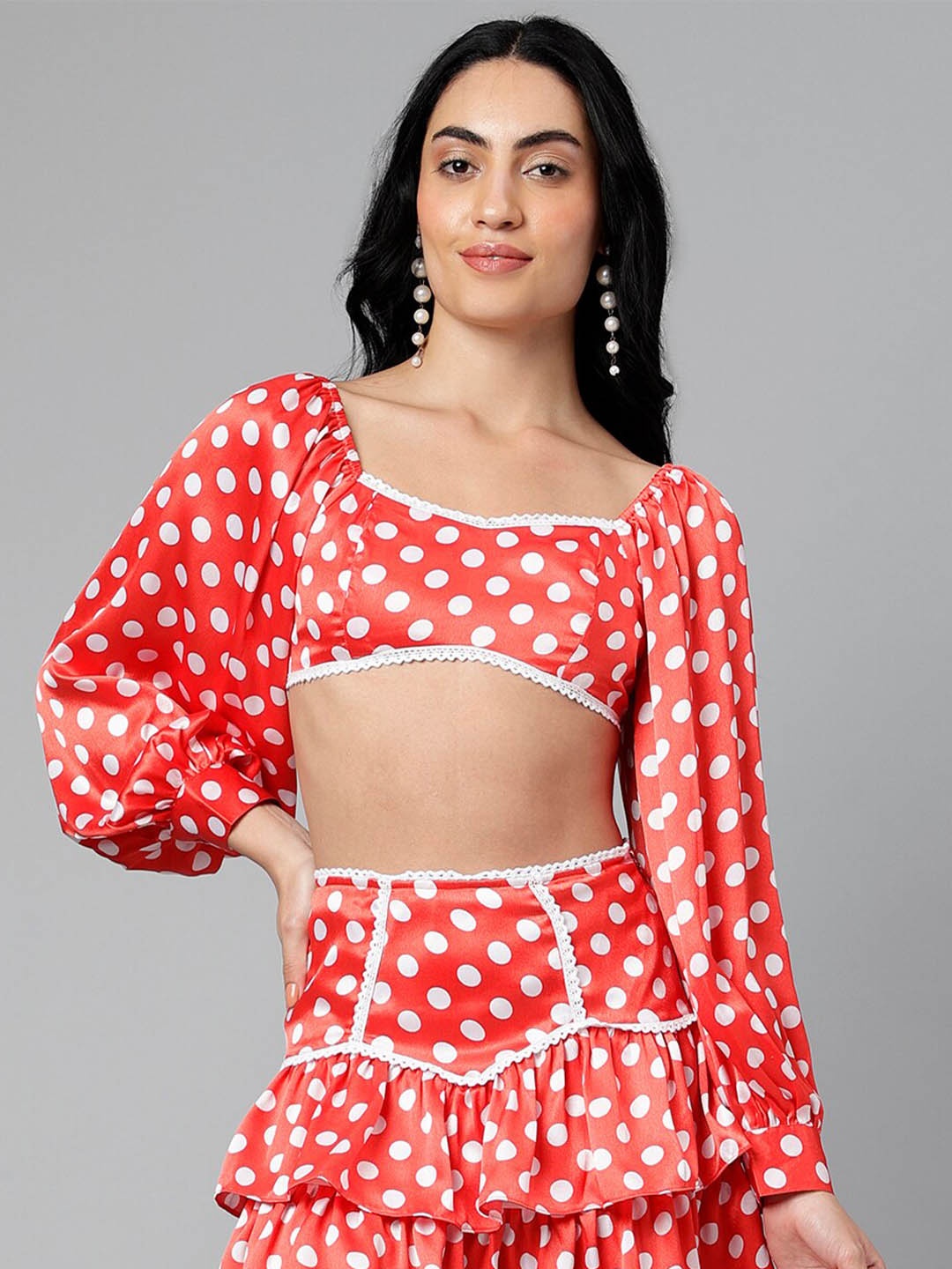 

I Love She Polka Dot Print Puff Sleeve Smocking Crop Top, Red