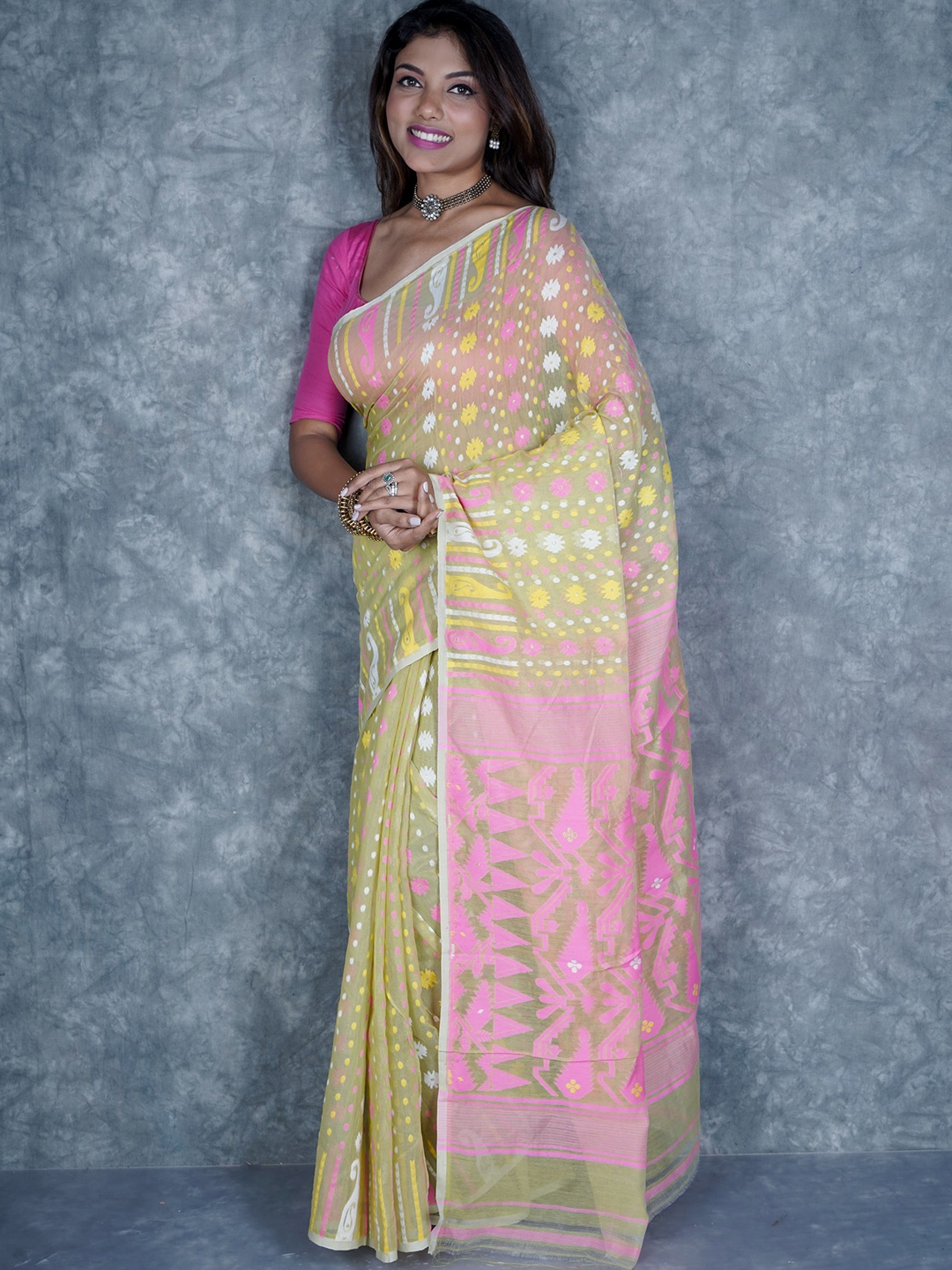 

TANTIAL Woven Design Silk Cotton Jamdani Saree, Yellow