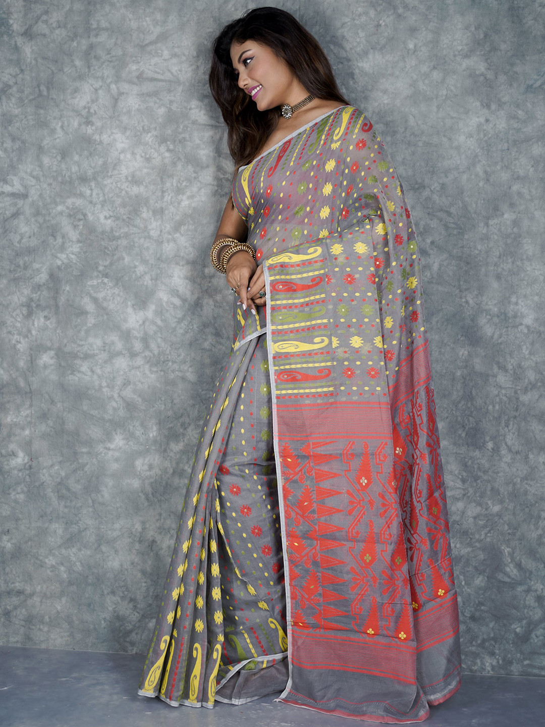 

TANTIAL Ethnic Motifs Woven Design Silk Cotton Jamdani Saree, Grey