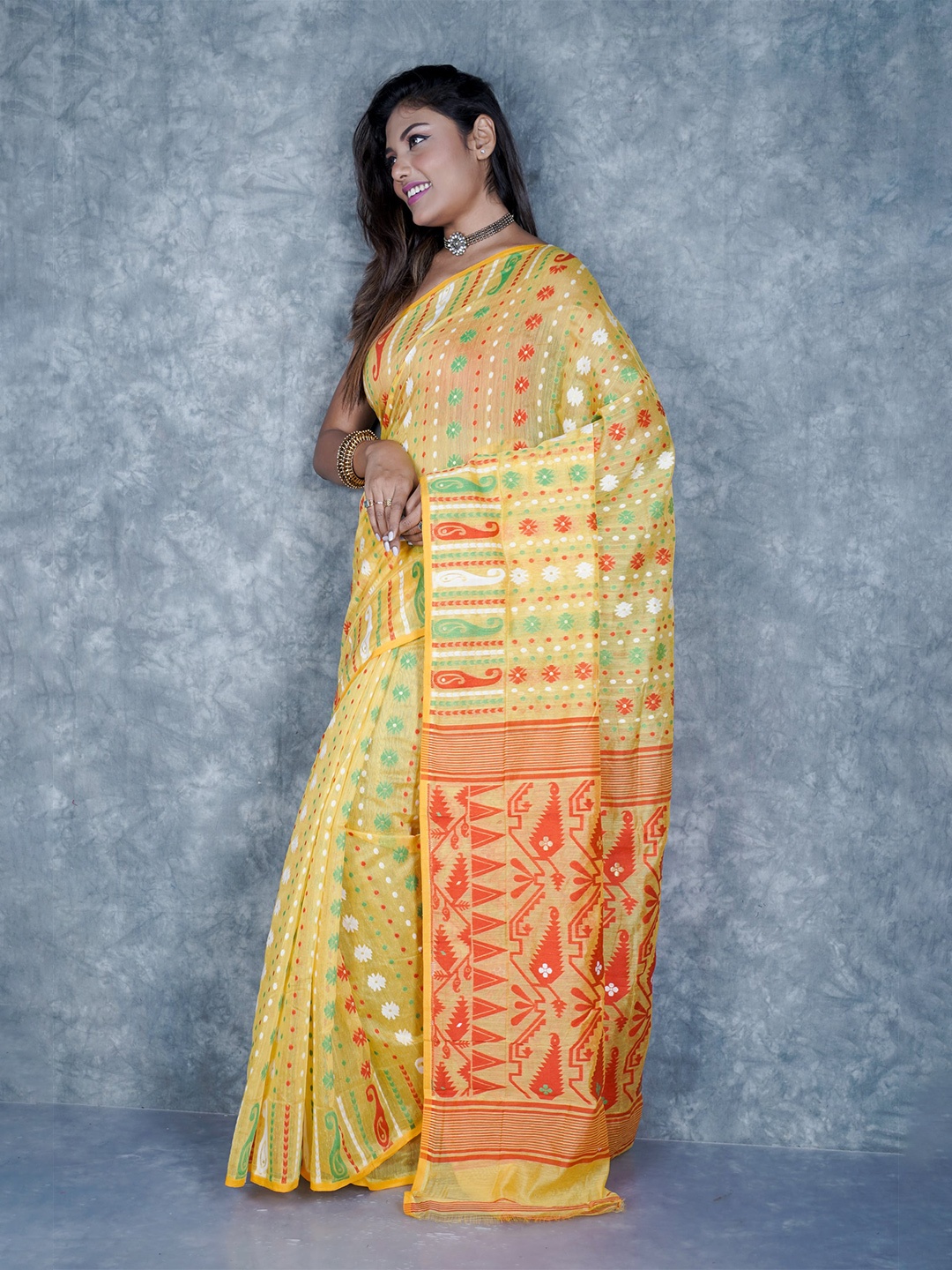 

TANTIAL Paisley Silk Cotton Jamdani Saree, Yellow