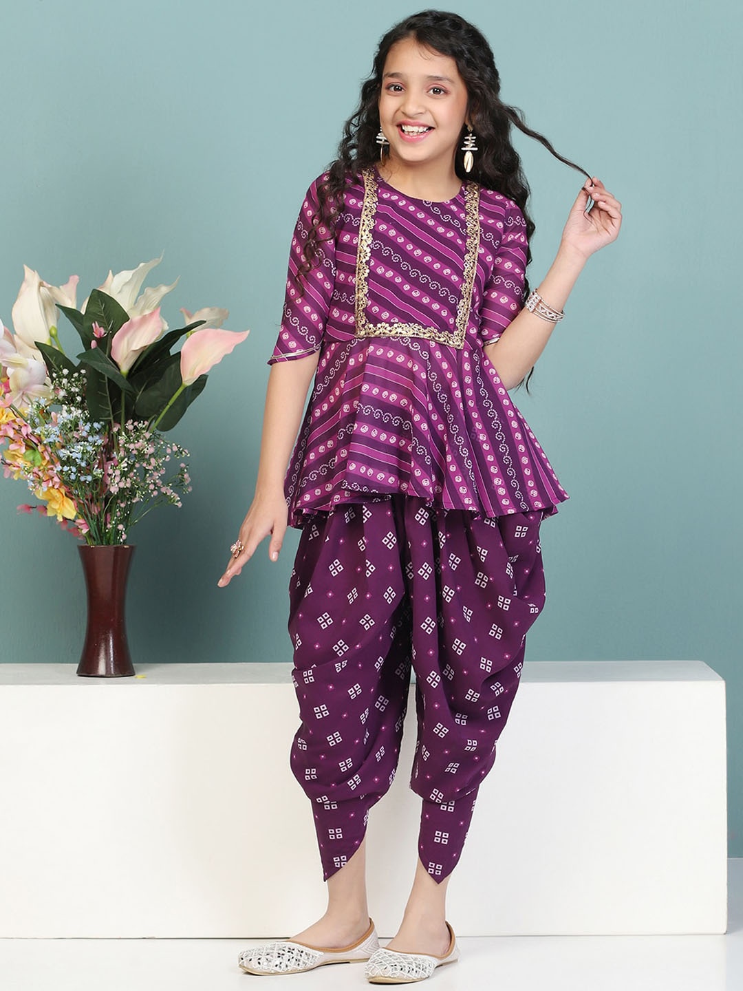 

FASHION DREAM Girls Leheriya Printed Gotta Patti Kurta With Dhoti Pant, Purple