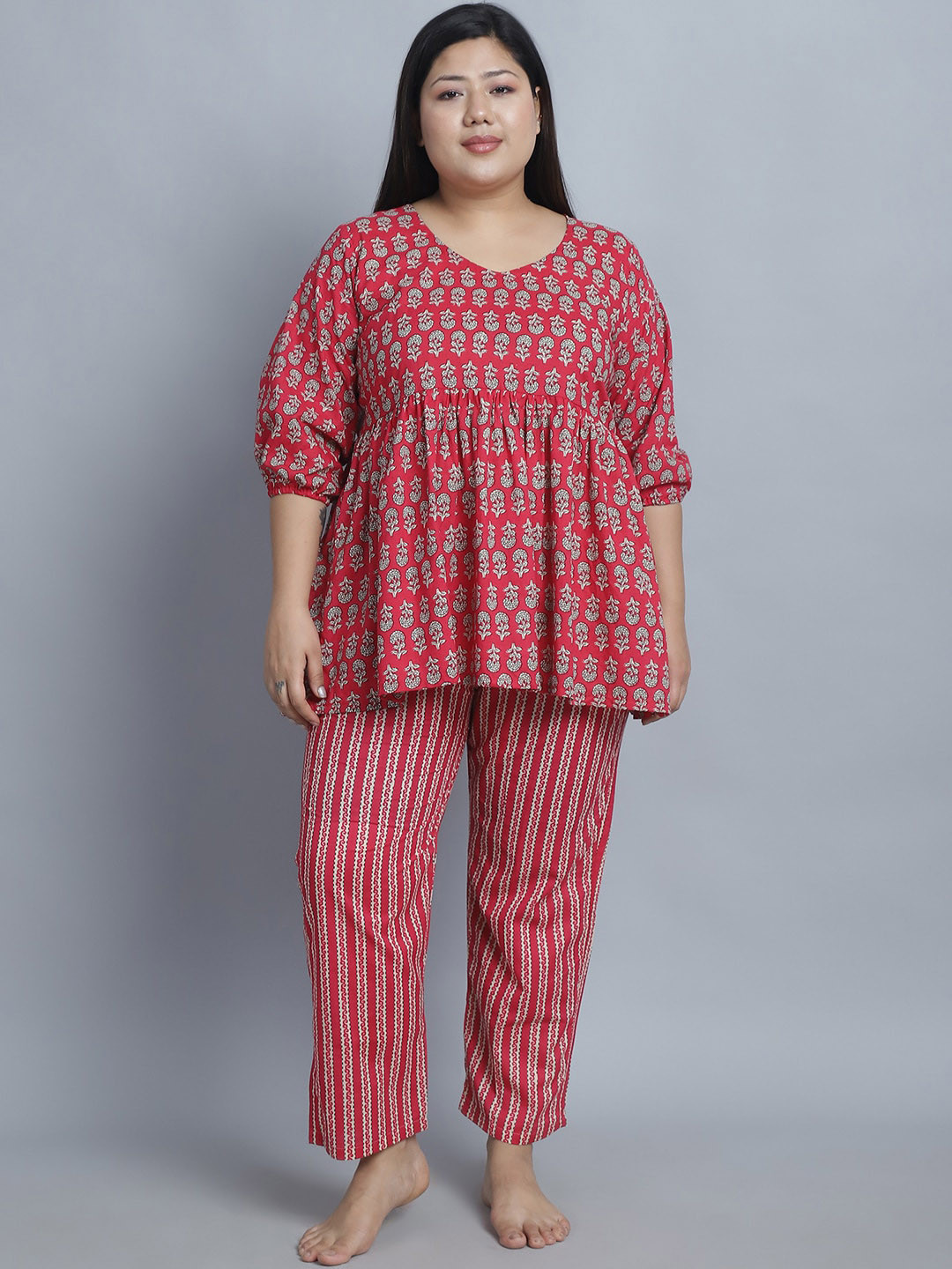 

TAG 7 PLUS Plus Size Floral Printed Pure Cotton Kurti With Pyjamas, Pink