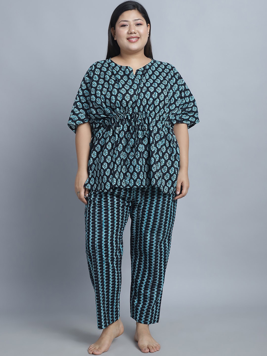 

TAG 7 PLUS Plus Size Floral Printed Pure Cotton Kaftan With Pyjamas, Black