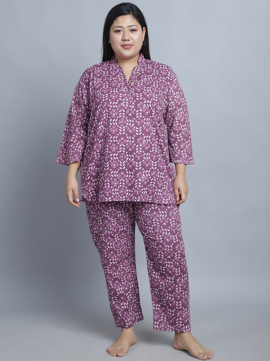 

TAG 7 PLUS Plus Size Floral Printed Pure Cotton Kurti With Pyjamas, Purple