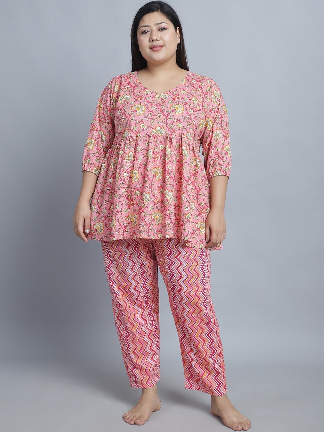 

TAG 7 PLUS Plus Size Floral Printed Mandarin Collar Pure Cotton Night suit, Pink
