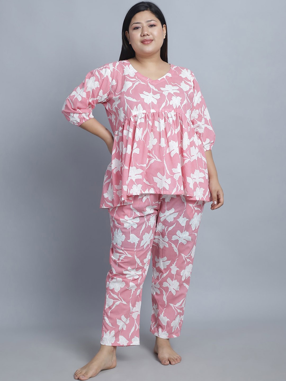 

TAG 7 PLUS Plus Size Floral Printed Pure Cotton Kurti With Pyjamas, Pink