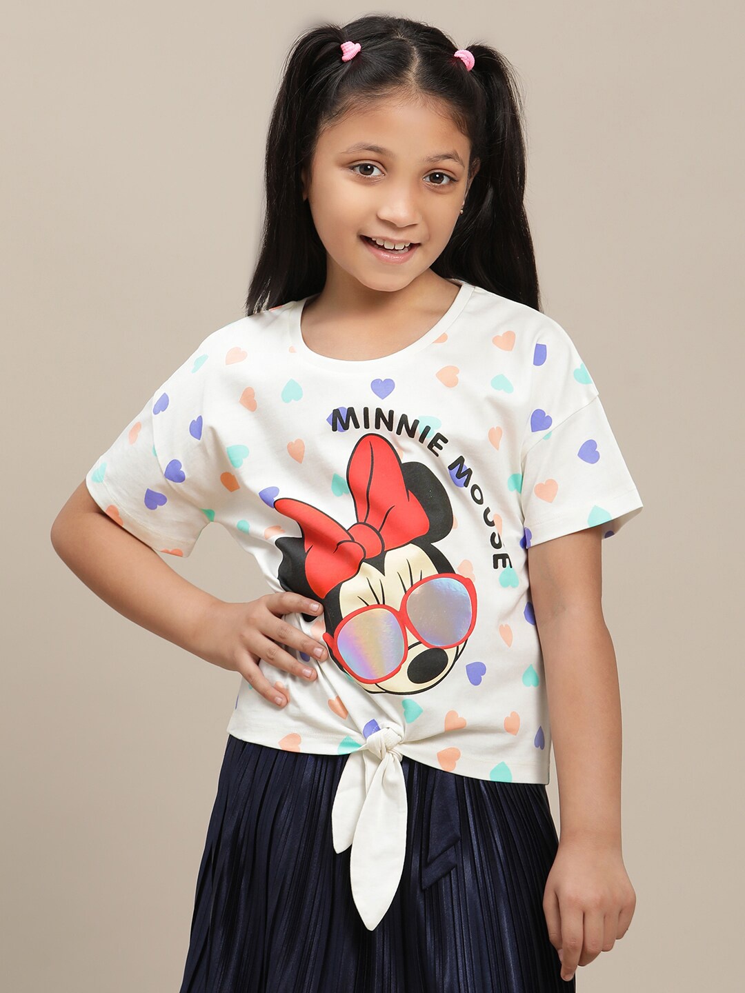 

Kids Ville Girls Mickey & Friends Printed Round Neck Short Sleeves Pure Cotton Tshirt, Off white