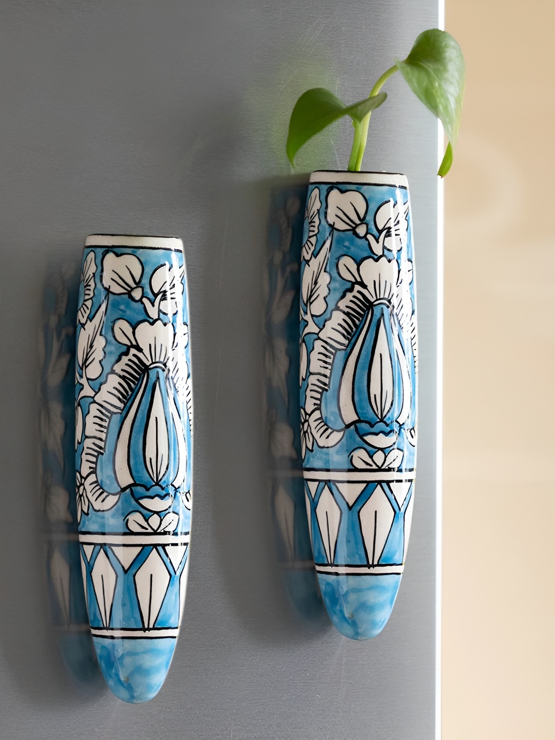 

INDIA MEETS INDIA Blue & White 2 Pieces Printed Ceramic Vases