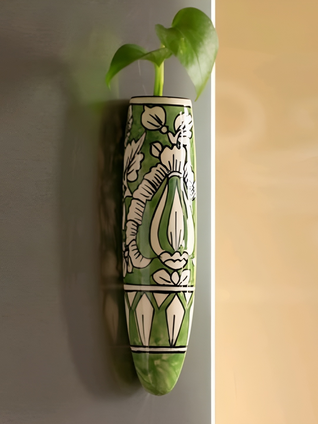 

INDIA MEETS INDIA Green & Beige Printed Ceramic Vase
