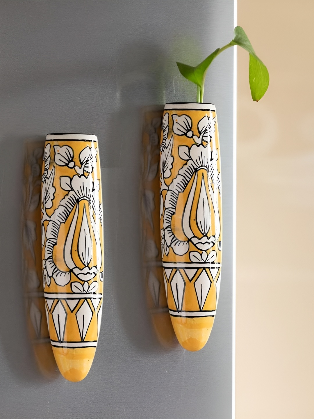 

INDIA MEETS INDIA Yellow & White 2 Pieces Printed Ceramic Vases