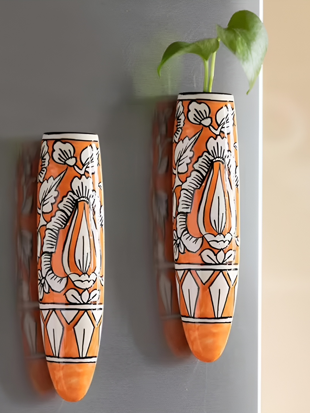 

INDIA MEETS INDIA Orange-Colored & White 2 Pieces Printed Ceramic Vases