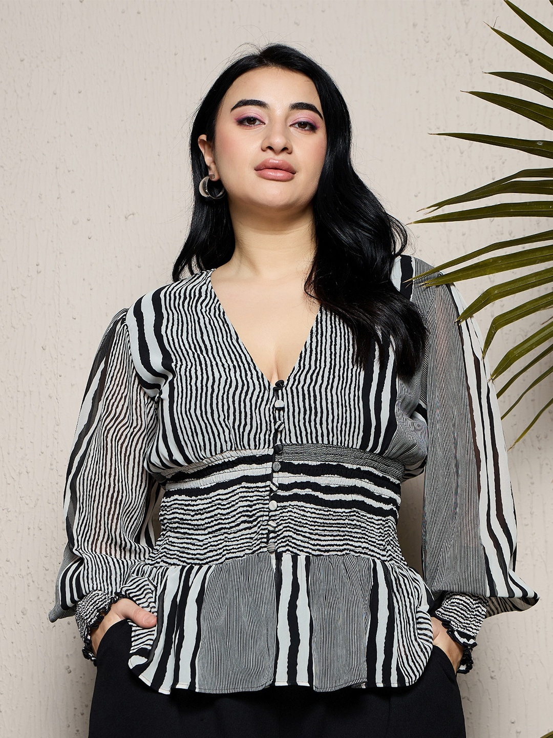 

CURVE BY KASSUALLY Plus Size Striped Cuffed Sleeves Georgette Smocked Peplum Top, Black