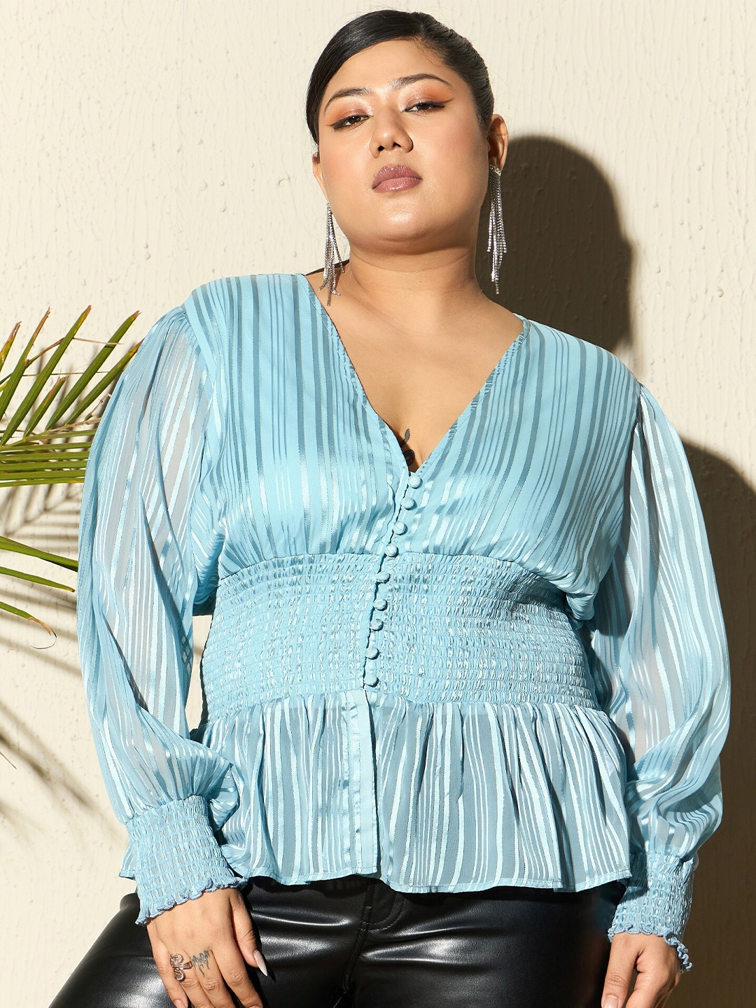 

CURVE BY KASSUALLY Plus Size Self Designed Cuffed Sleeves Smocked Georgette Peplum Top, Blue