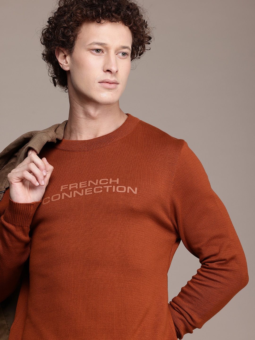 

French Connection Pure Cotton Knitted Typography Pullover Sweater, Brown