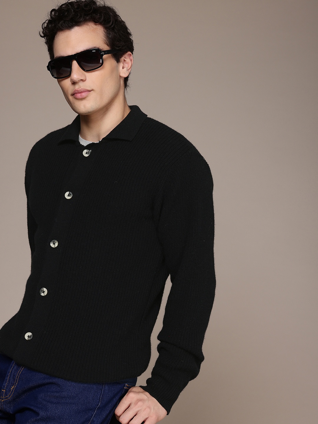 

French Connection Self Design Cardigan, Black