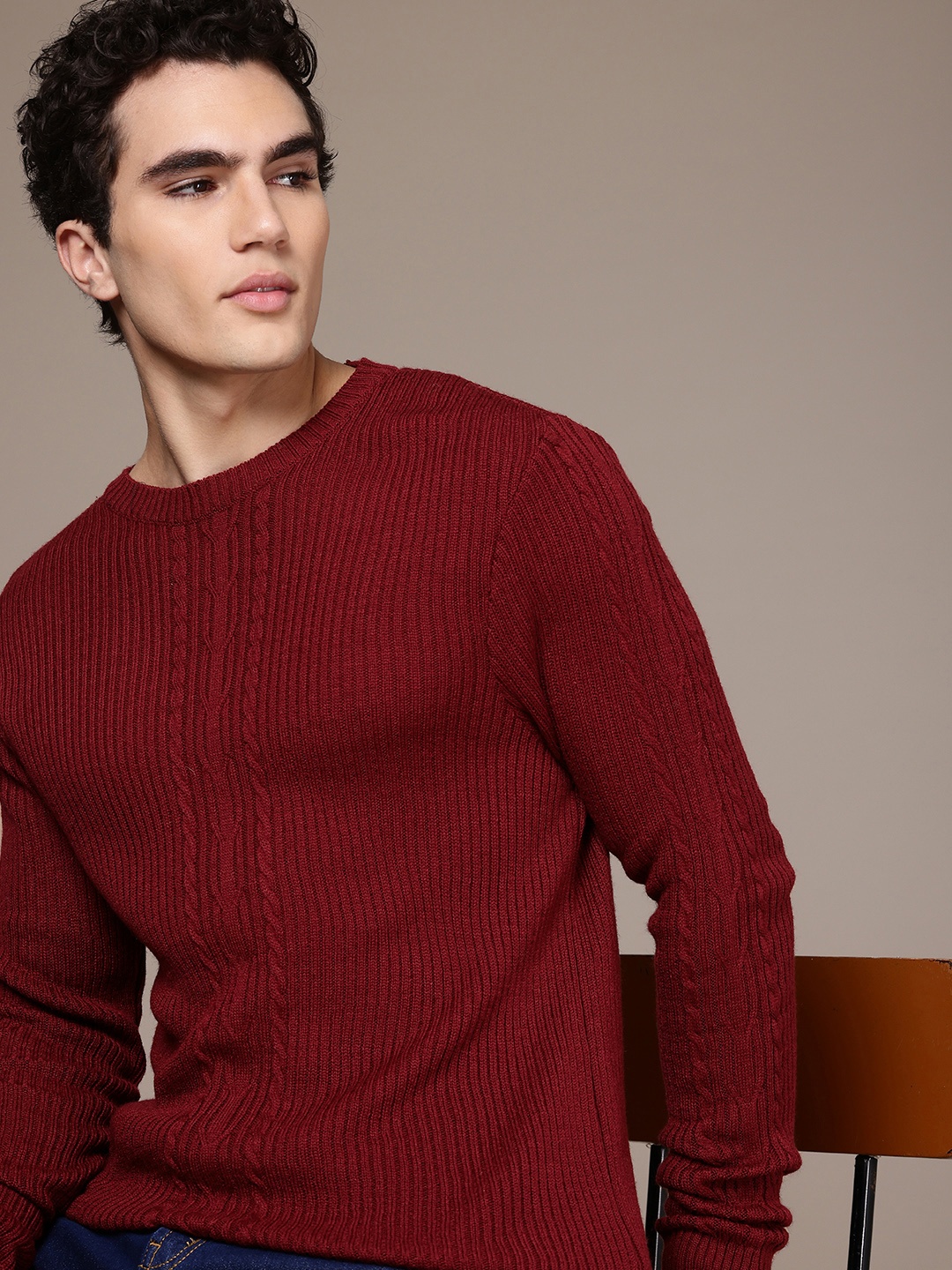 

French Connection Cable Knit Pullover, Maroon