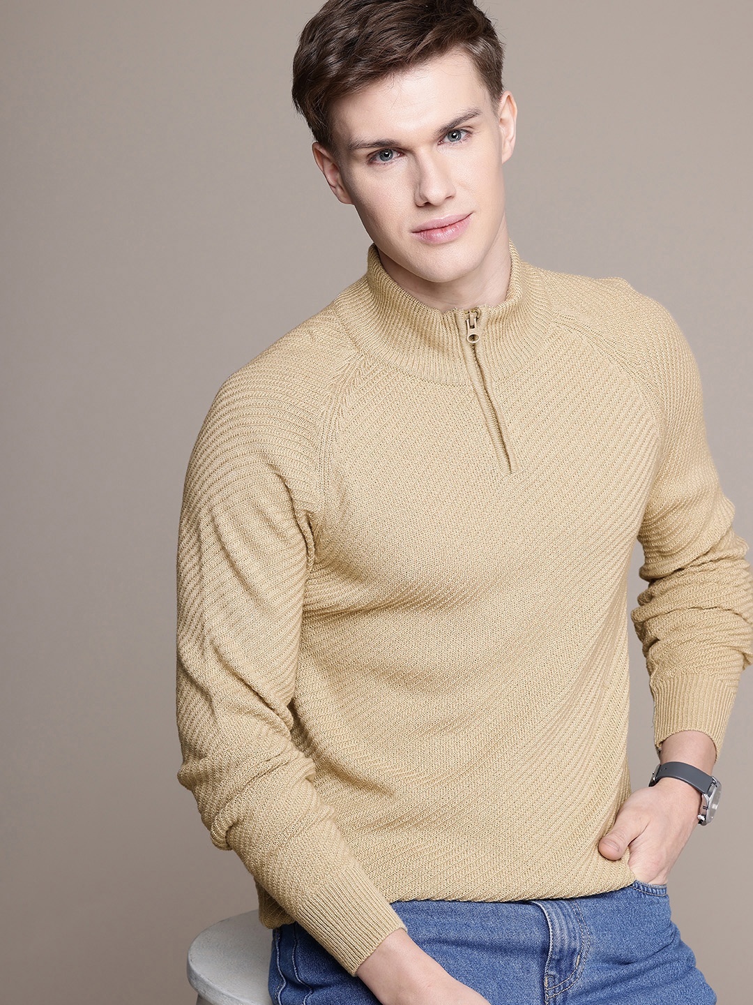 

French Connection Self Design High Neck Pullover, Beige