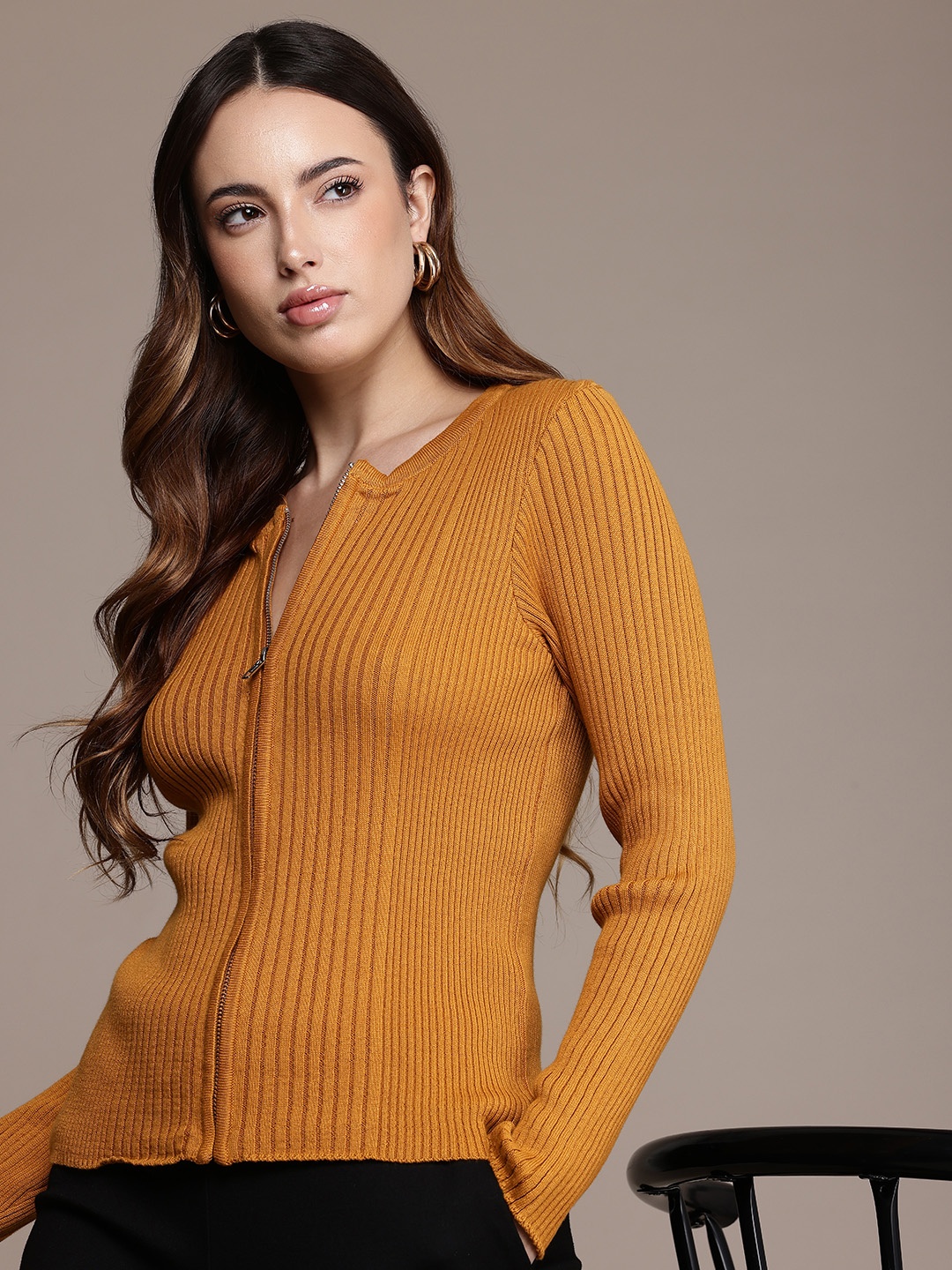 

French Connection Self Striped Pure Cotton Cardigan, Mustard