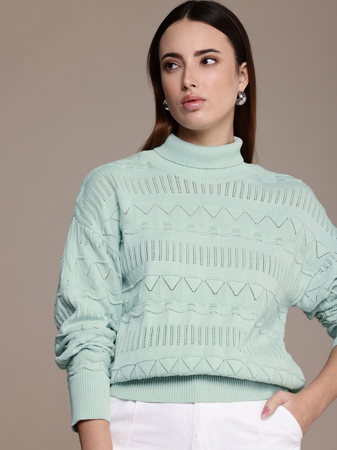 

French Connection Turtle Neck Pure Cotton Knitted Sweater, Turquoise blue