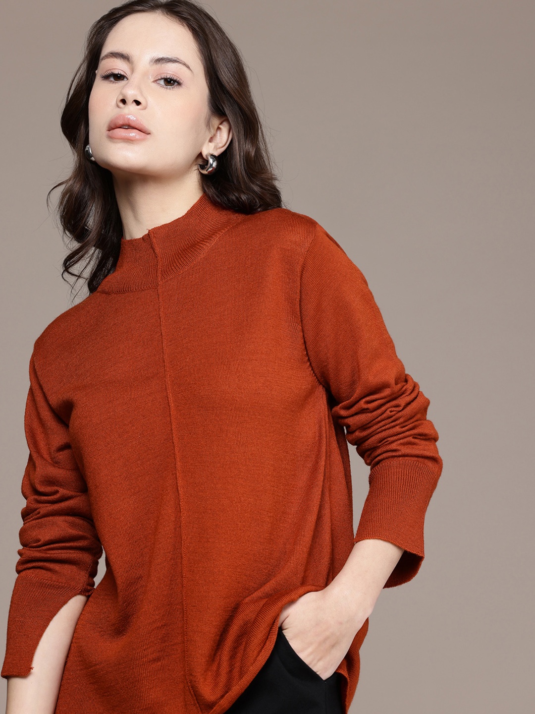 

French Connection Long Sleeves High Neck Pullover Sweater, Rust
