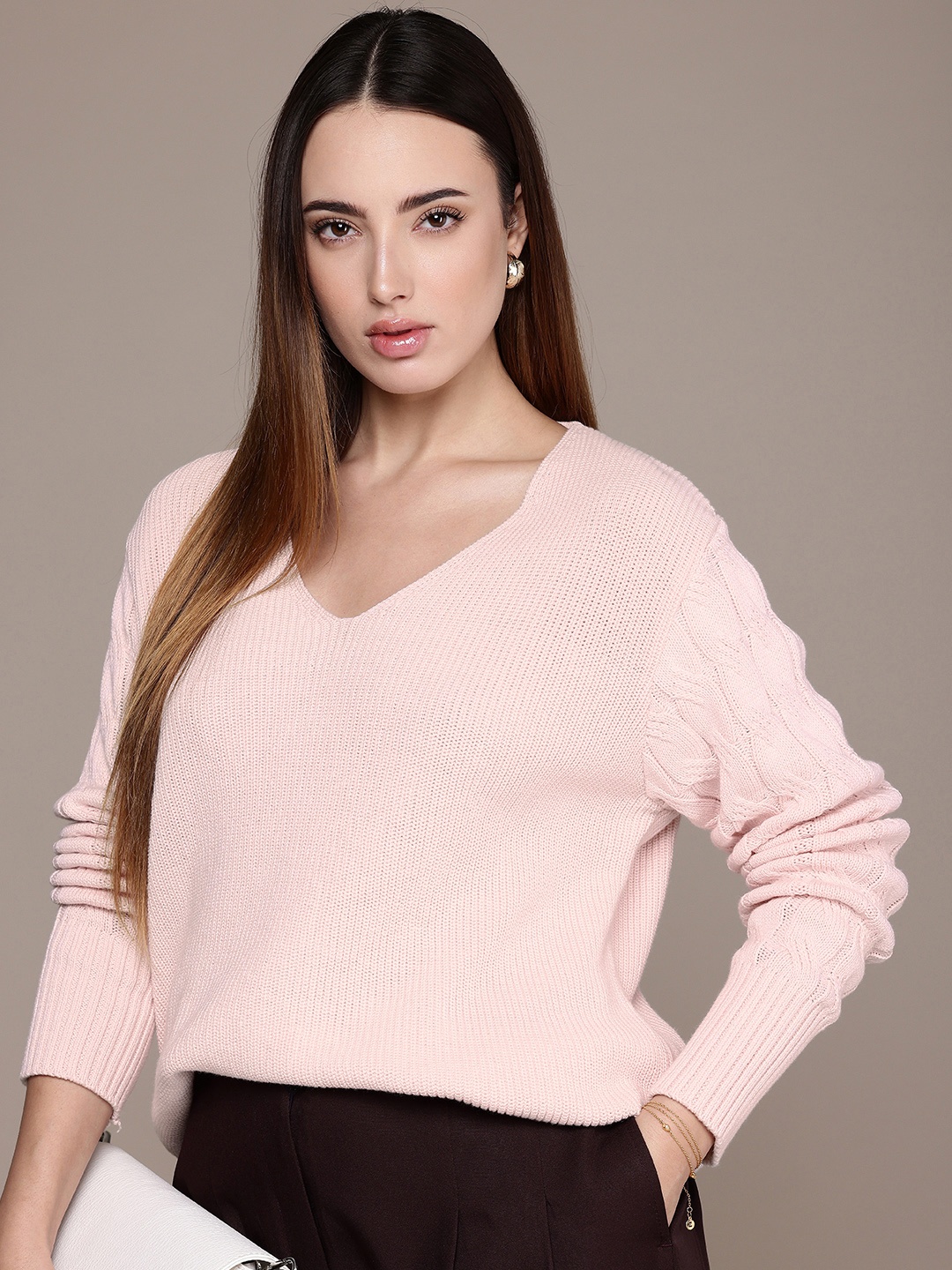 

French Connection Knitted Pure Cotton Pullover Sweater, Pink