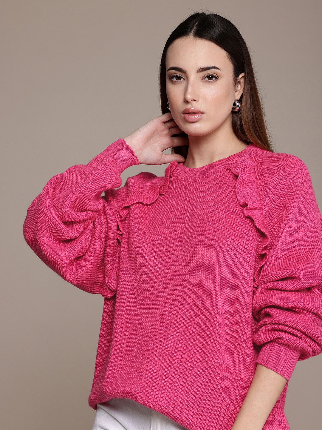 

French Connection Knitted Ruffle Detailing Pullover Sweater, Pink