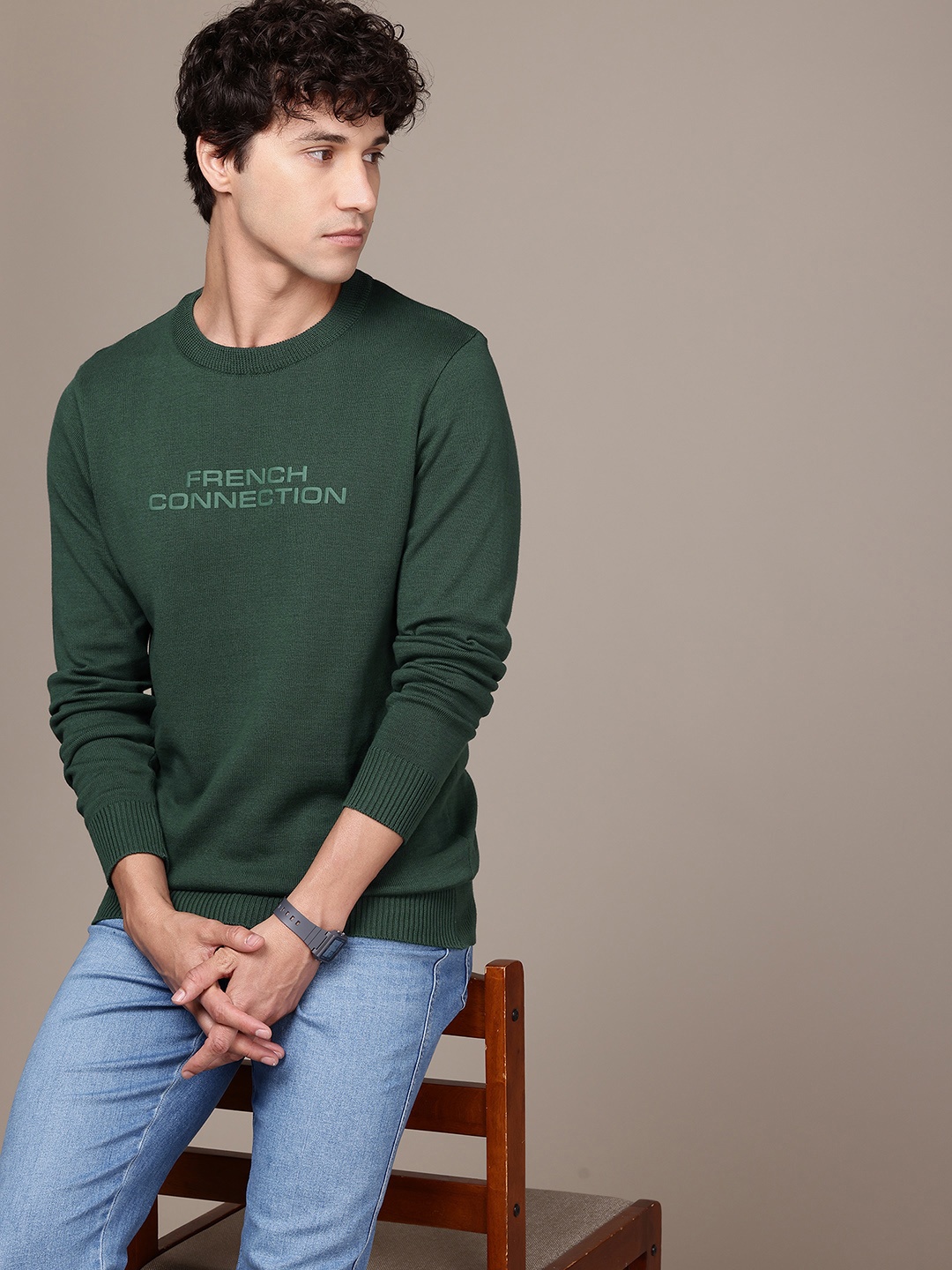 

French Connection Typography Printed Pure Cotton Pullover, Green