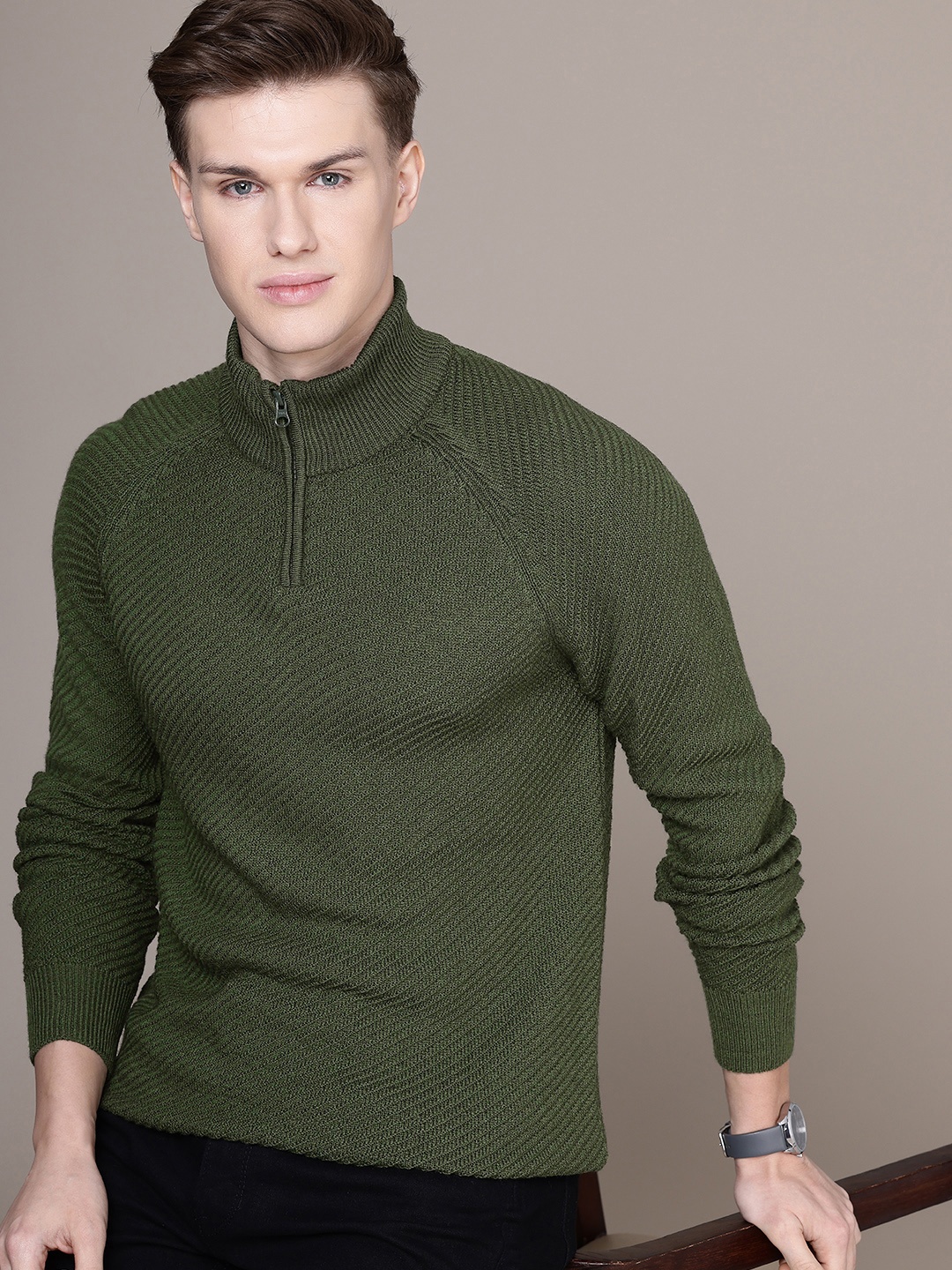 

French Connection Self Design High Neck Pullover, Olive