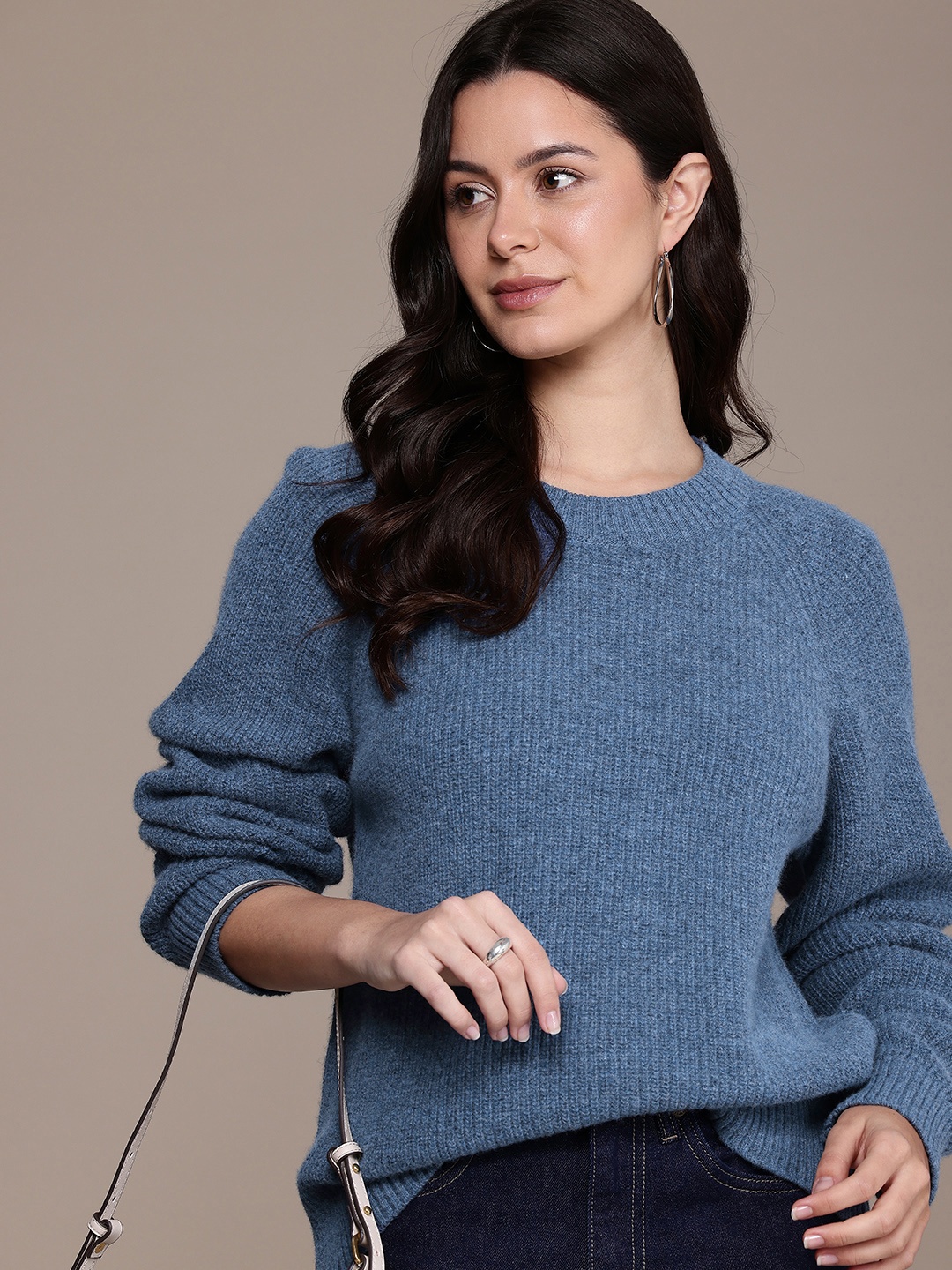 

French Connection Round Neck Ribbed Pullover, Blue