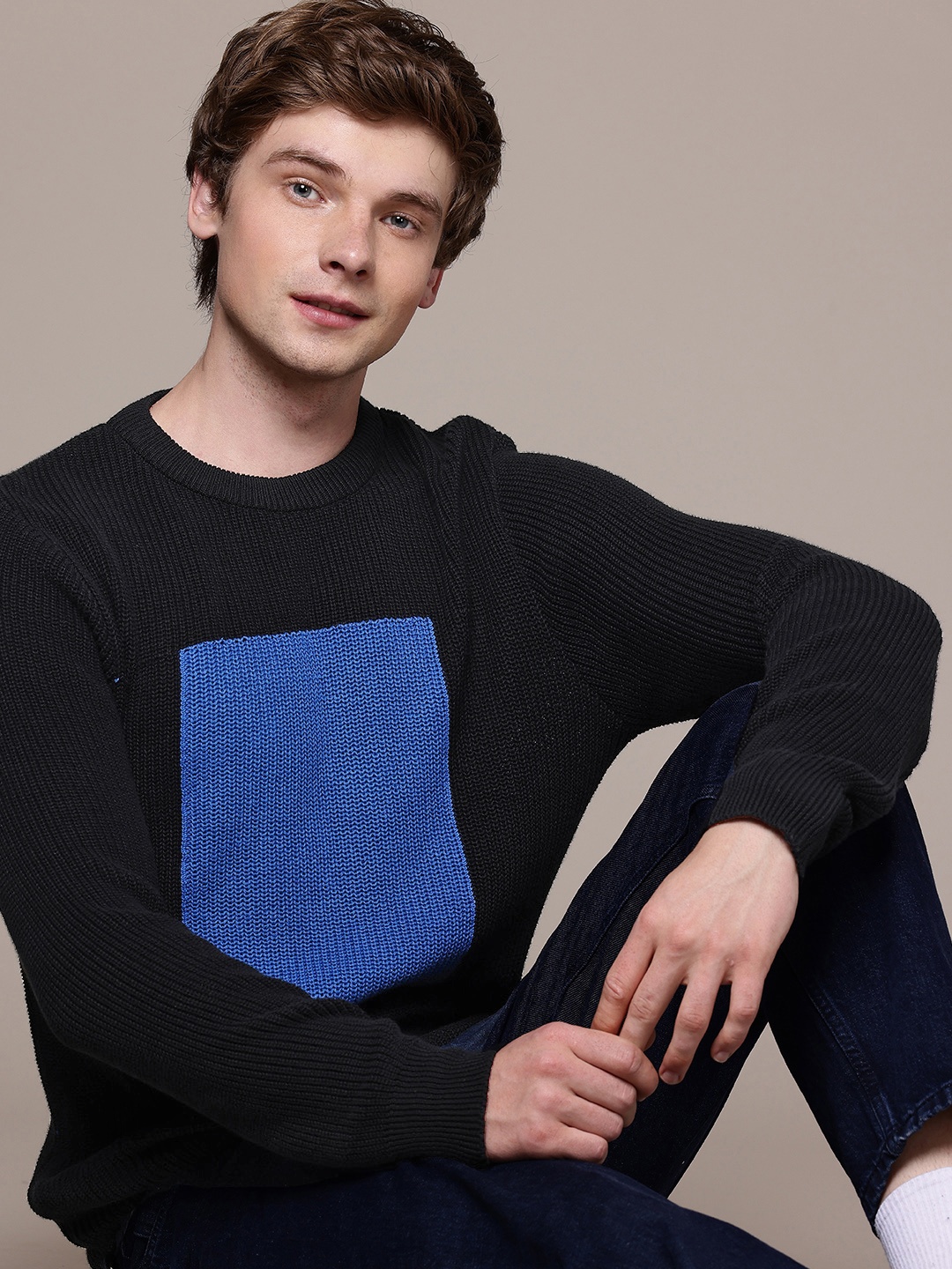 

French Connection Pure Cotton Colourblocked Cable Knitted Pullover Sweater, Black