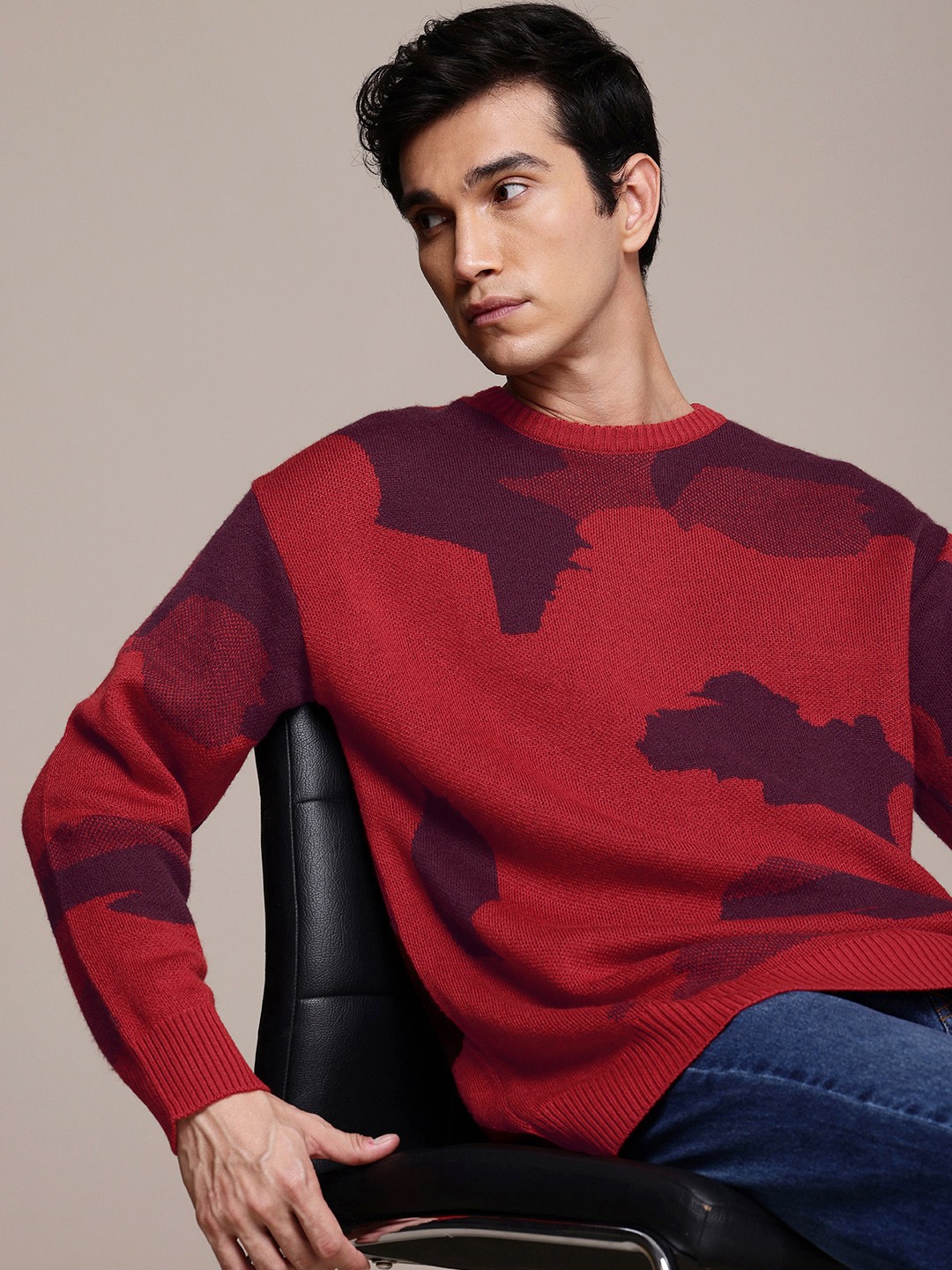 

French Connection Self Abstract Longline Pullover Sweaters, Red