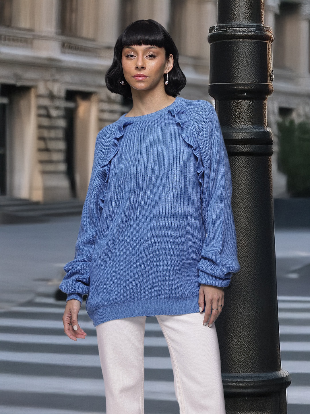 

French Connection Knitted Ruffle Detailing Pullover Sweater, Blue