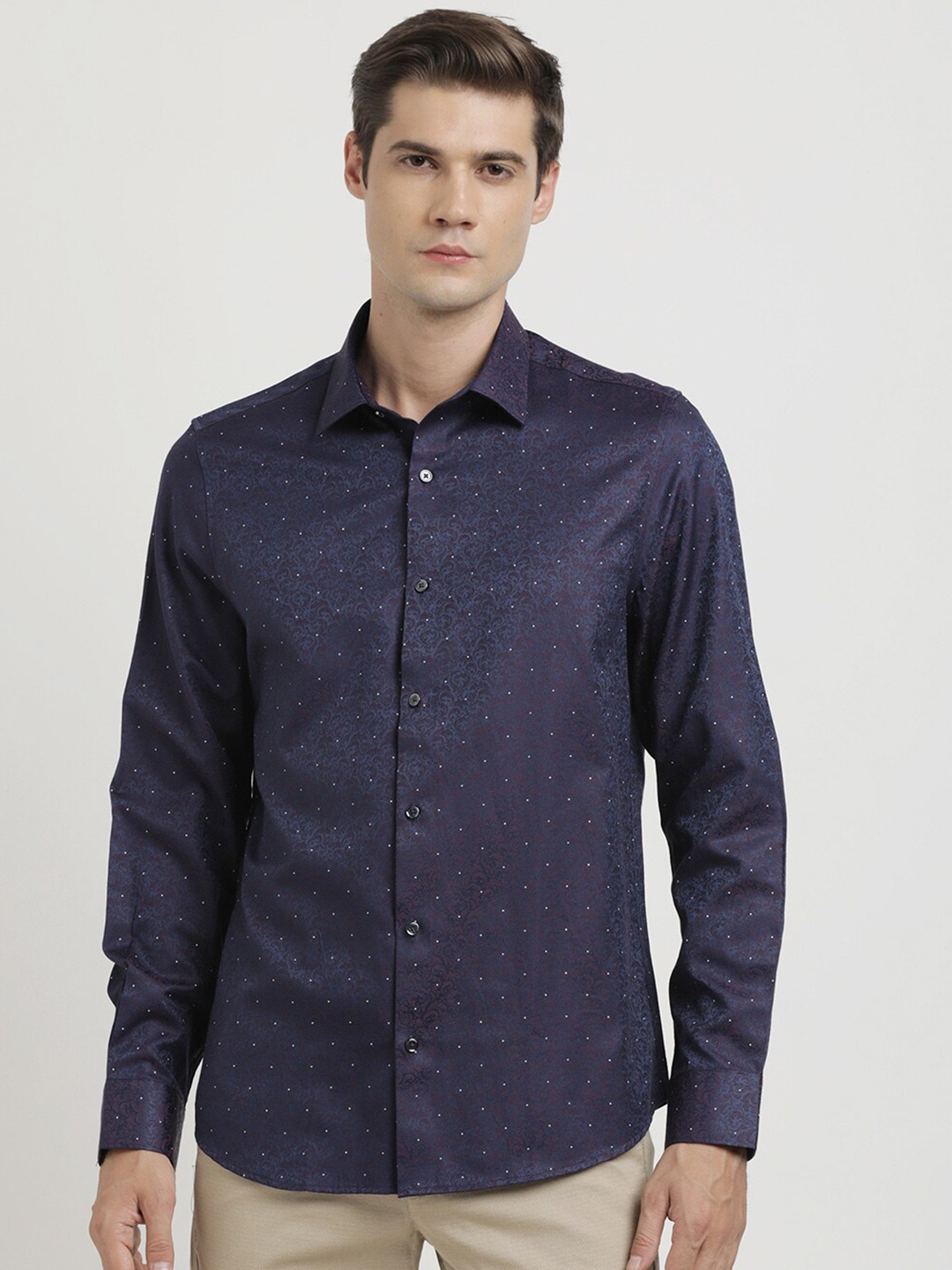 

Turtle Spread Collar Long Sleeves Classic Slim Fit Party Shirt, Purple