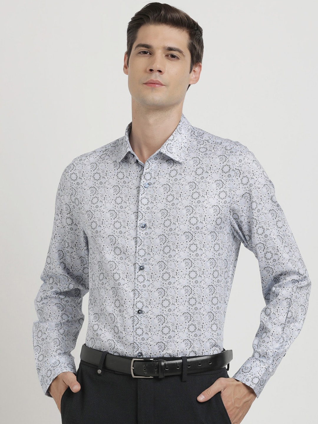 

Turtle Floral Printed Classic Slim Fit Cotton Party Shirt, Grey