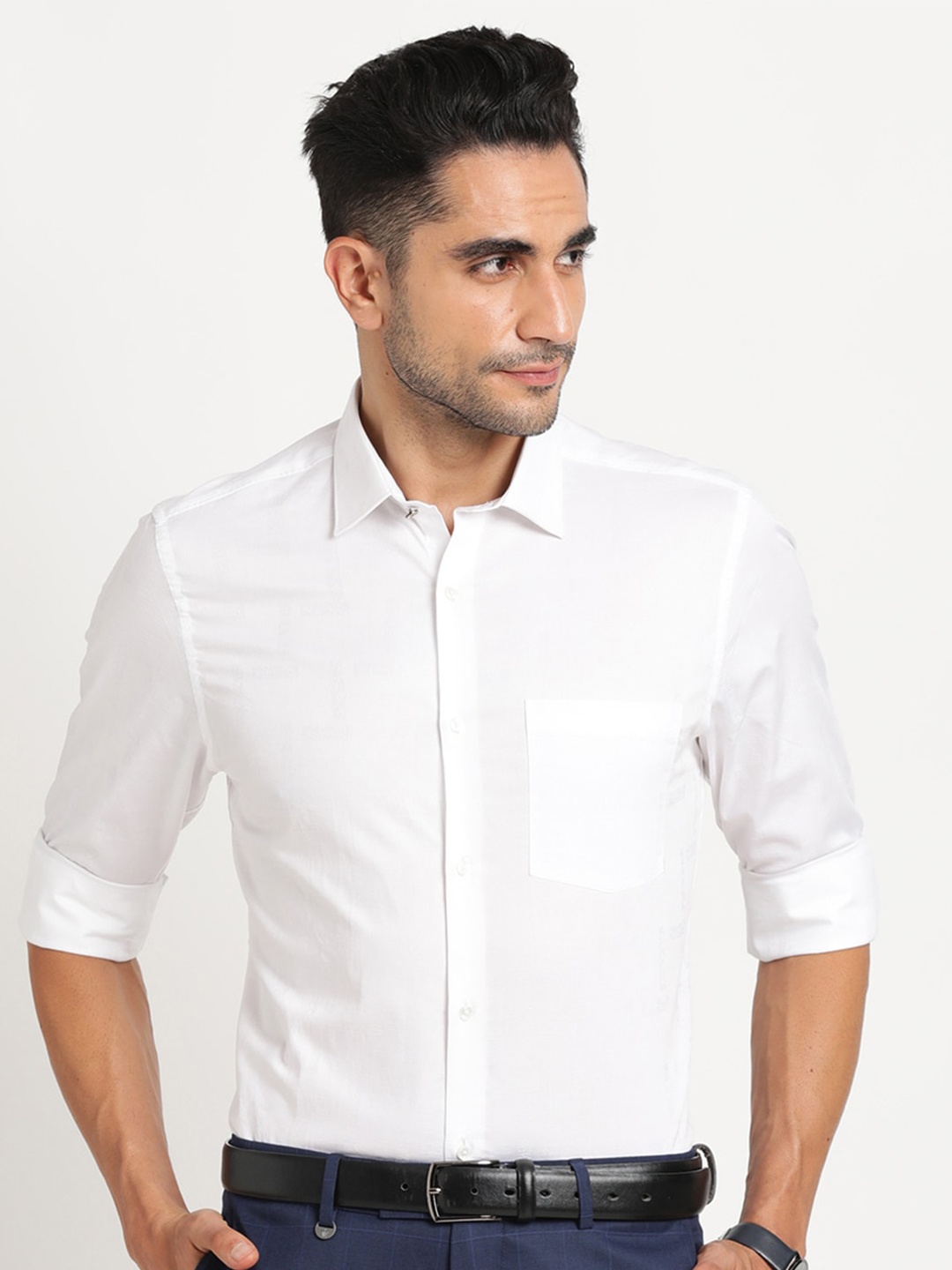 

Turtle Spread Collar Long Sleeves Classic Slim Fit Cotton Party Shirt, White