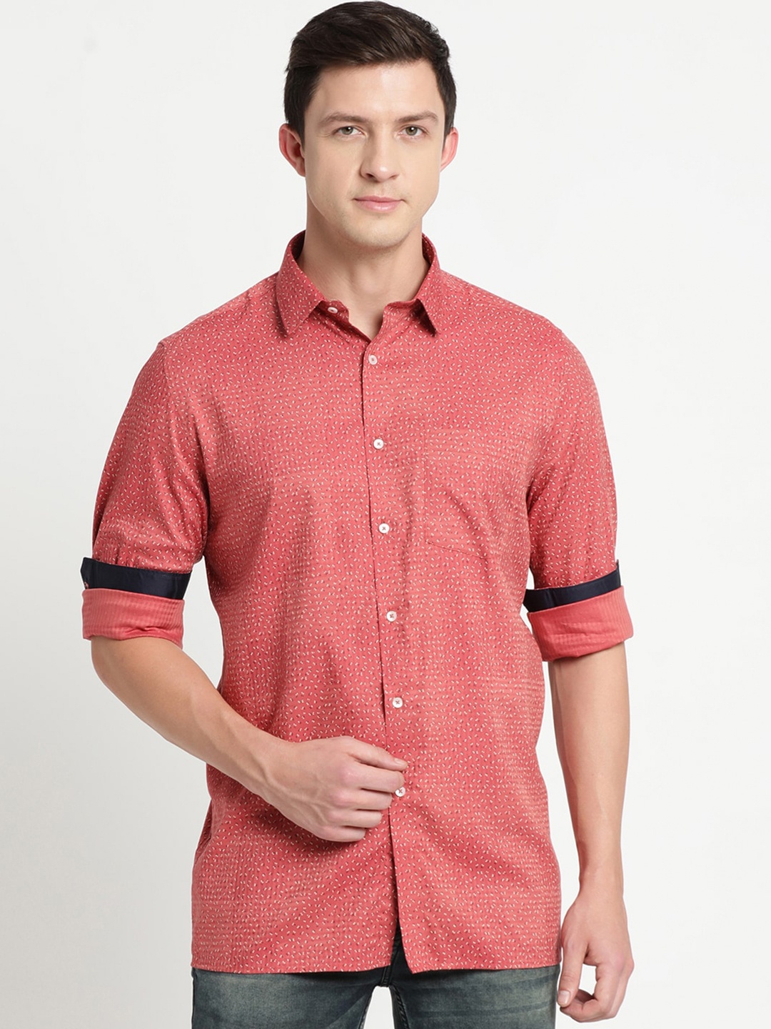 

Turtle Floral Printed Classic Slim Fit Cotton Lyocell Casual Shirt, Peach