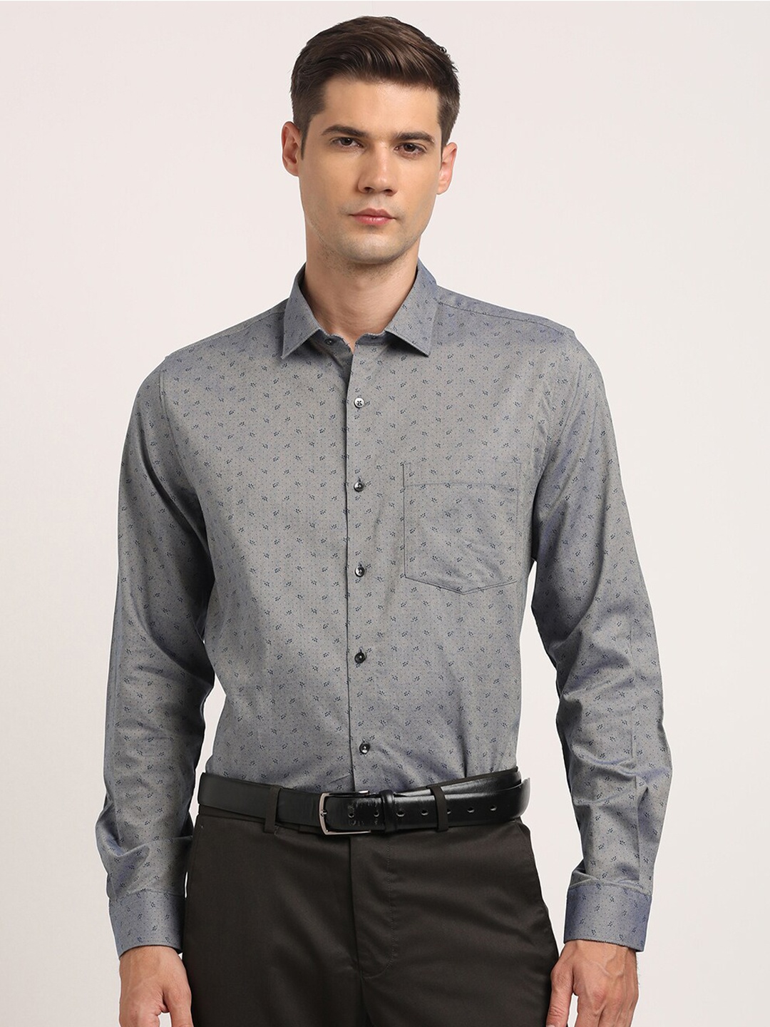 

Turtle Micro Ditsy Printed Classic Slim Fit Cotton Opaque Formal Shirt, Grey