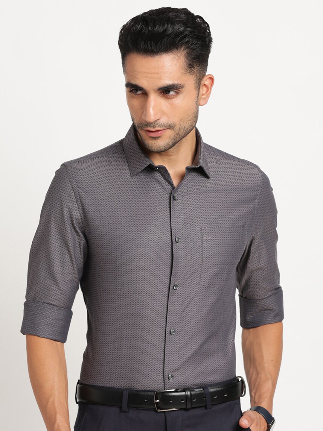 

Turtle Textured Self Design Classic Slim Fit Cotton Opaque Formal Shirt, Grey