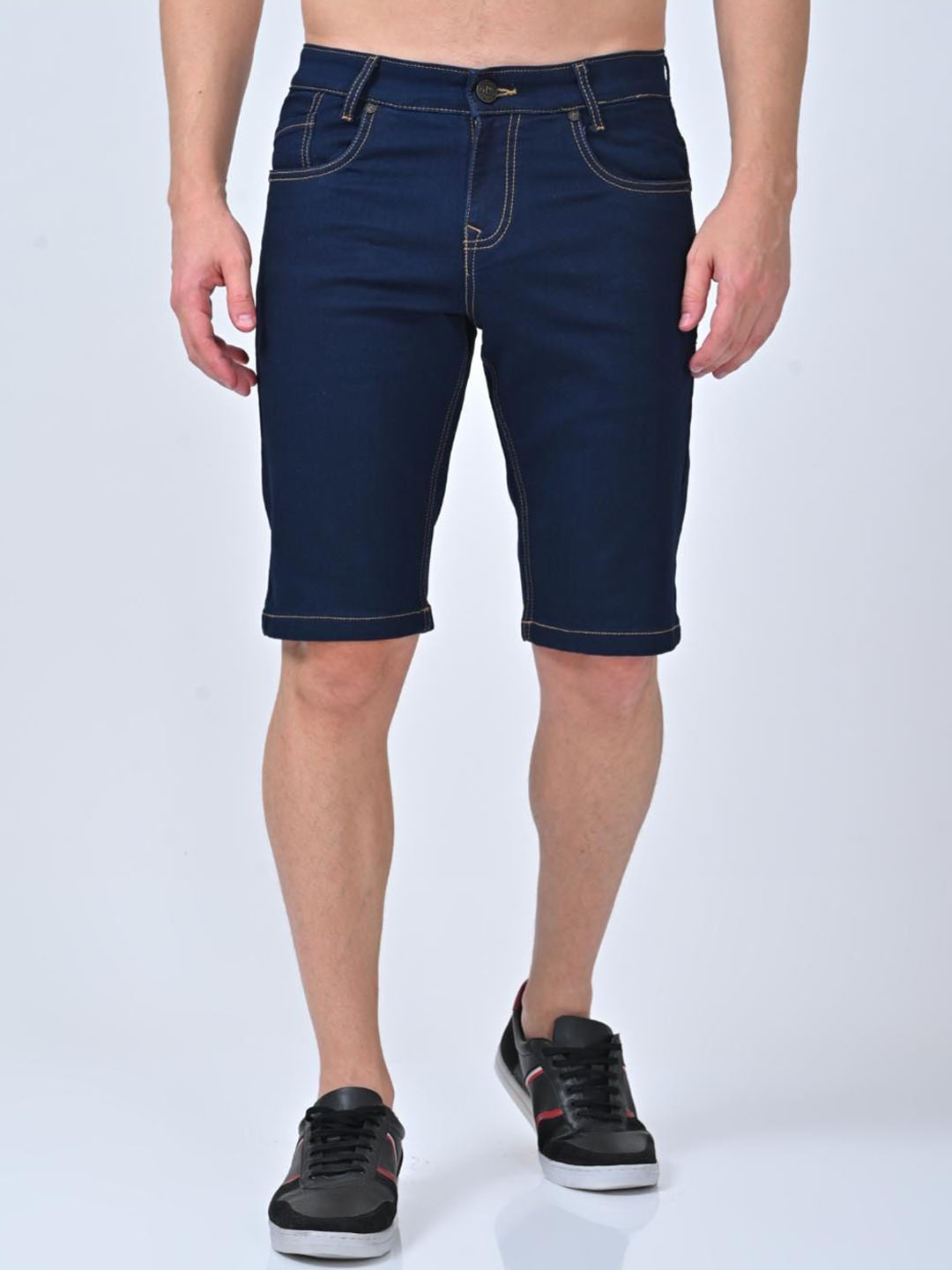 

Jean Cafe Men Mid Rise Slim Fit Pure Cotton Denim Shorts, Navy blue