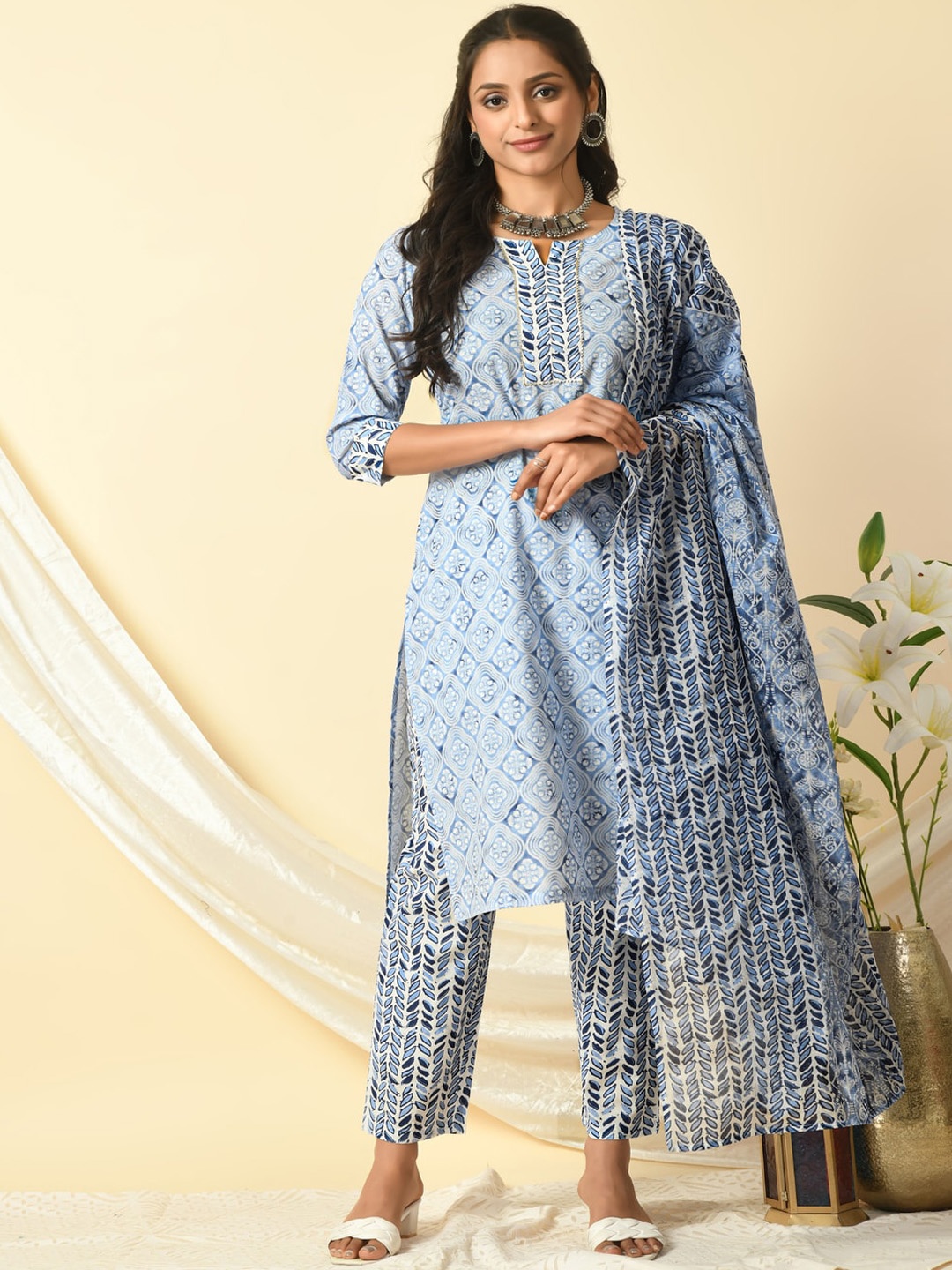 

KALINI Floral Printed Pure Cotton Straight Kurta With Trousers & Dupatta, Blue